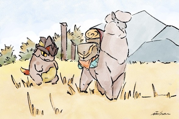 A cartoon-style illustration features two animals in a grassy landscape. One is a small, chubby creature that looks like a baby dinosaur, while the other is a large, woolly alpaca carrying supplies on its back. The alpaca is turning its back to the small dinosaur who looks disappointed. 