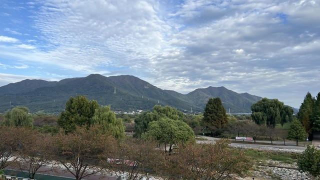 A scenic view of green mountains under a partly cloudy sky, with trees and alleys in the foreground. The picture is taken from an elevated standpoint.