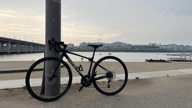 Focus of the picture is a road bike resting against a pole. Background is a large river with a bridge on the left and many buildings visible on the opposite bank, as well as a mountain and a slim tower on top of it.
