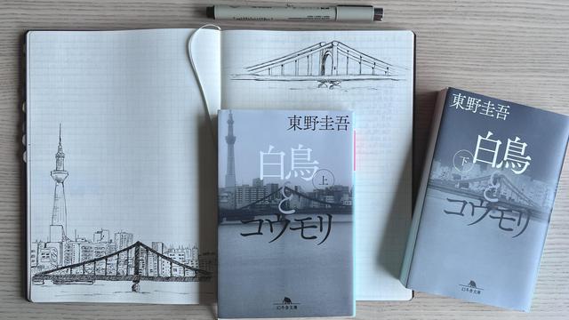 An opened notebook and two books in Japanese. The notebook displays two drawings that mirror the book covers. One is on the bottom of the left page (a city outline with a bridge in front and a tower in the background), and the other on top of the right page (a suspension bridge). 