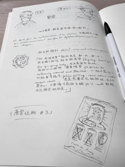 A page of a notebook with notes in Chinese and French. There are small drawings too: two characters at the top, a mechanical wheel and a poster. Some Chinese words have their pronunciation and meaning in English noted down. 