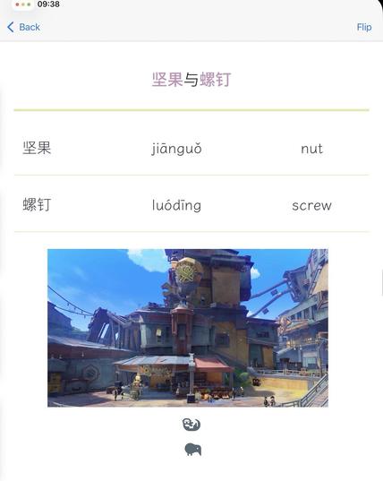 A flashcard to learn Chinese, displaying two words with their pronunciation and meaning in English, as well as a picture of an in-game location.