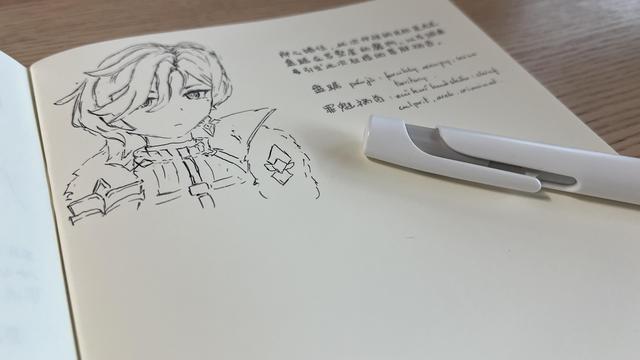 Top part of a notebook page with the sketch of a character on the left and some notes in Chinese and English on the right. A pen is partly visible. 