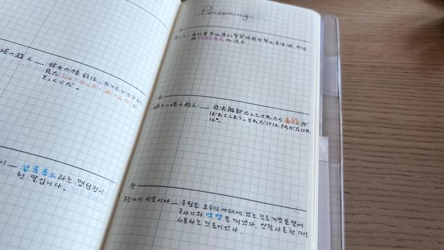 A long and thin grid notebook opened with the focus on the right page. The title “poisoning “ is written on top and the page is divided into three sections. There’s a sentence written in each section. (Top section in Chinese, middle Japanese and bottom Korean). 