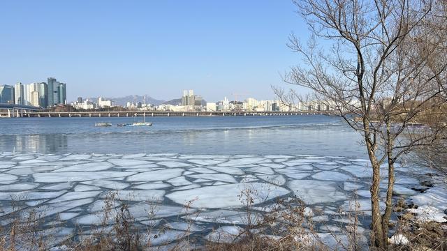 Large river partially frozen with thin ice chunks near the bank. A city skyline is on the other bank with some tall buildings on the left. Small leafless trees are on the right foreground and the sky is clear and blue. 
