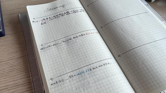 Long grid agenda opened with a focus on the left page. There’s a title “stabbing” at the top, and the page is divided in three sections with a quote in each one: top section is written in Chinese, middle Japanese and bottom Korean. 
