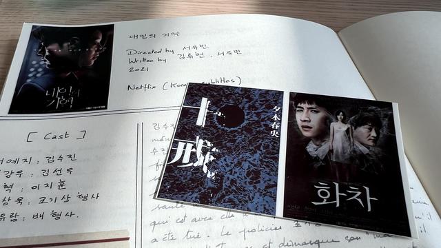 The top part of a journal page with a film poster on the top left corner and information about the film (title, director, year, cast, etc.) and a summary. A sheet of printing paper featuring a film poster and a book cover is resting on the page.