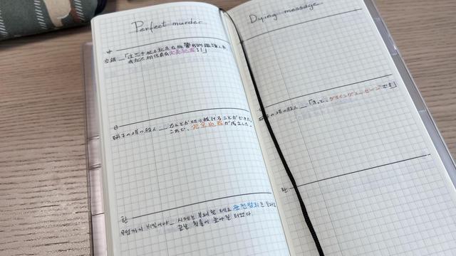 Long grid notebook opened, similar to picture 2. The left page has the title “perfect murder” and is divided into three sections, each containing a book title and a quote in a different language: Chinese top, Japanese middle and Korean bottom. For each quote the word “perfect crime” is written in a different colour.