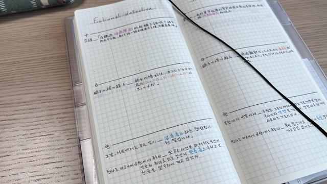 Long grid notebook opened, same as picture1. The left page has the title “fictional detective” and is divided into three sections, each containing a book title and a quote in a different language: Chinese top, Japanese middle and Korean bottom. For each quote the word “Sherlock Holmes” is written in a different colour.