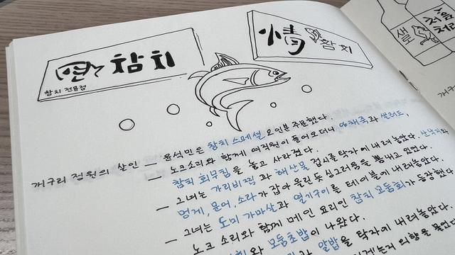 The top part of the left page of a notebook. The very top is filled with doodles: two signboards in Korean with the word “tuna” on it. One has the word 연 written in the shape of a fish: ㅇ is the eye, ㅕ the body with fish bones and ㄴ the ventral fin. A fish is also drawn between the two signboards. Below the drawings there is some text in Korean that mentions a lot of fish-related food. The name of each dish is written in blue. 
