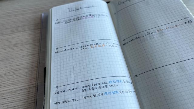 Opened grid notebook with the focus on the bottom of the left page. The top of the page is blurred, but the title “perfect murder” is visible. The page is divided into three sections, each containing text. The bottom one has two sentences in Korean, both containing the word “완전범죄” that is written in blue.