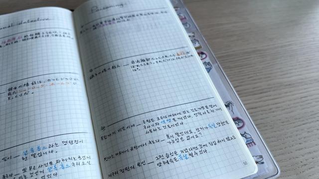 Opened grid notebook with the focus on the bottom of the right page. The top of the page is blurred, but the title “poisoning” is visible. The page is divided into three sections, each containing text. The bottom one has three sentences in Korean, all containing a word related to poisoning that is written in blue.