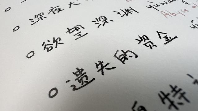 Chinese characters handwritten on a notebook, the ink used is black and looks completely dried. 