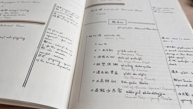 Notebook opened filled with notes about a wuxia game: there are the names of game regions and a list of quests to do. The name of quests is in Chinese with pinyin and English translation. The right part of the page is reserved for vocabulary. 