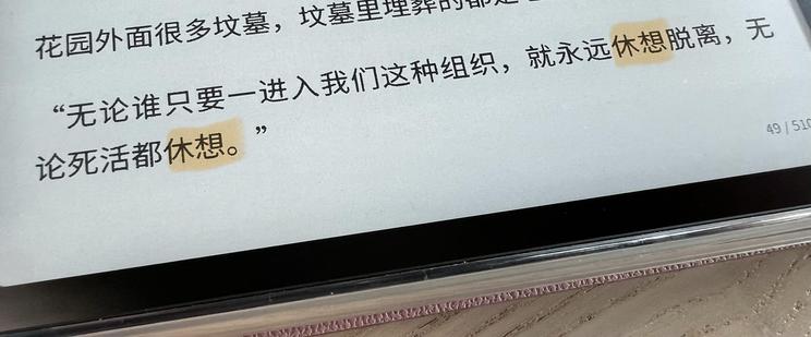Bottom part of an e-reader displaying the sentence “无论谁只要一进入我们这种组织,就永远休想脱离,无论死活都休想。” The word 休想 has been highlighted in yellow.
