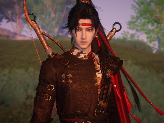 Game screenshot showing a male character standing and facing the camera (only the upper body is visible). He has weapon on his back, long black hair and a red handband. He is wearing an ornate black patterned outfit with brocade and golden fasteners. The background is a blurred natural landscape. The vibe is fantasy/wuxia aesthetic. 